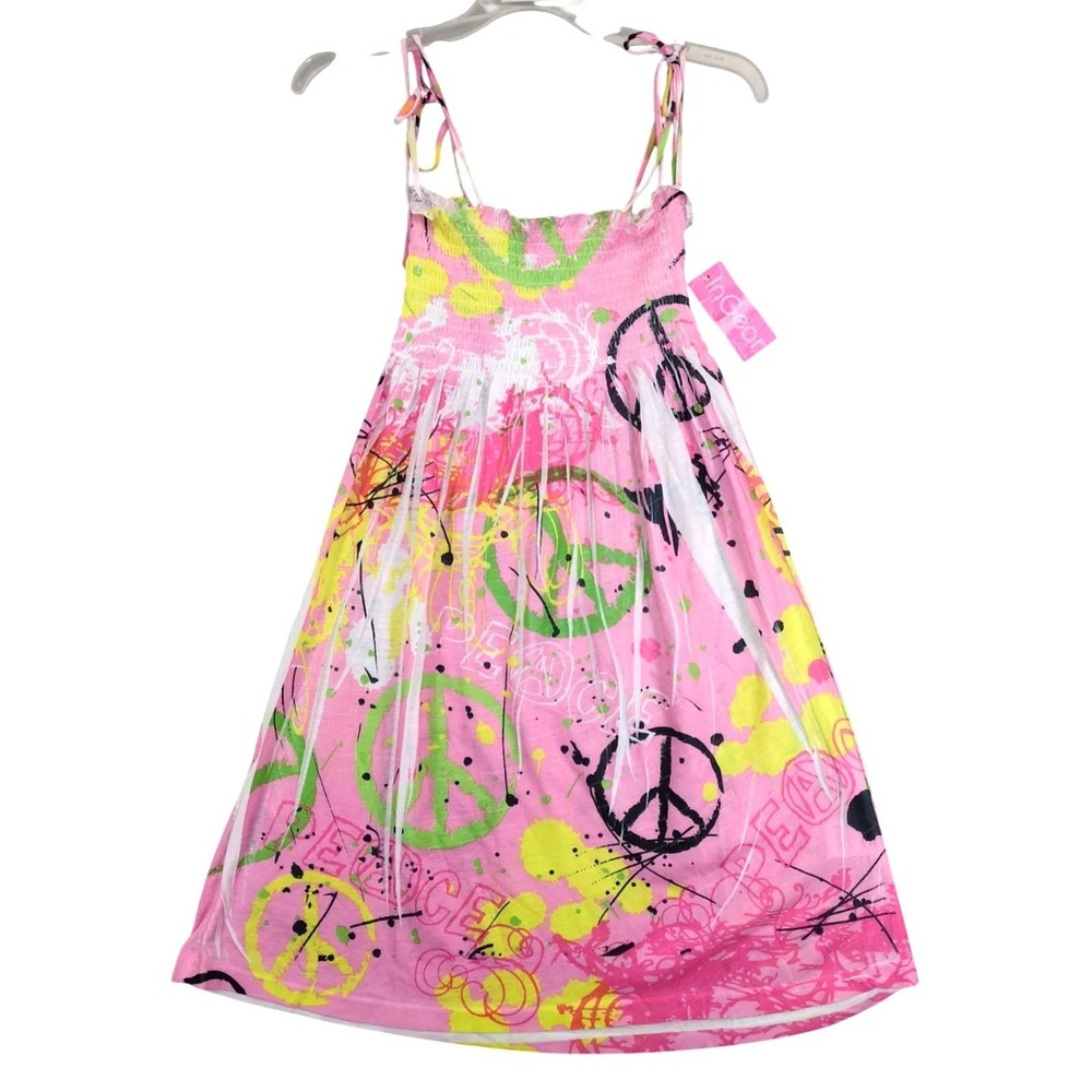 NWT InGear Pink Peace Graphic Mini Dress Sz M Smocked Tie Straps Beach Festival